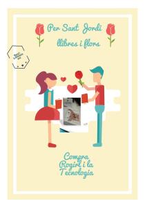 Cartell de Sant Jordi amb llibre, flor i figura amb cor, sobre fons groc