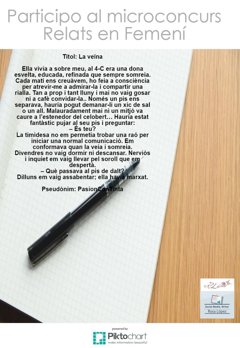 Cartell amb fotografia de ploma i paper i text Participo al microconcurs Relats en Femení