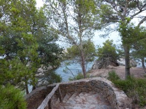 Escales de pedra envoltades d’arbres amb vista al mar a Calella