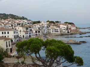 Vista diürna de Calella de Palafrugell amb cases blanques, teulades de terracota, costa rocosa i vegetació en primer pla