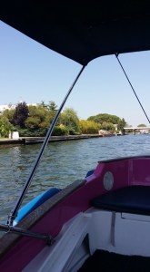 Vista des d’una embarcació amb part del vaixell en primer pla i riba amb arbres i edificis al fons