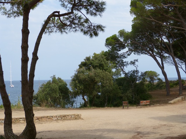 Vista d’un camí amb banc de pedra, arbres i fons aquàtic, possiblement llac o mar