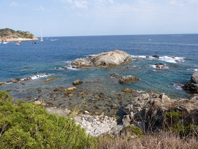 Vista costanera amb formacions rocoses dins el mar, vegetació en primer pla i illa al fons