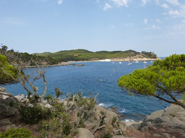 Vista costanera amb roques, vegetació, edificis al fons i mar blau
