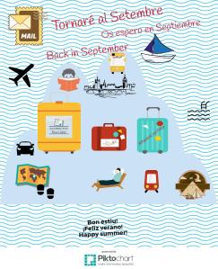 Infografia amb escenes d’estiu i elements escolars: platja, avió, maleta, autobús i calendari