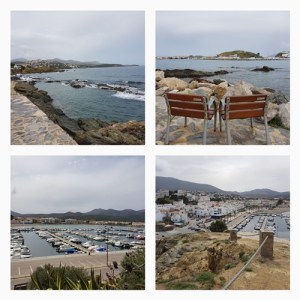 Collage de sis imatges de Llançà amb mar, platja, banc i paisatge urbà