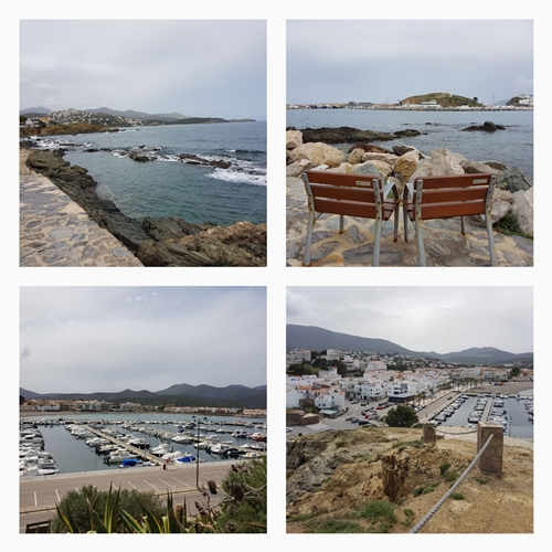 Collage de sis imatges de Llançà amb mar, platja, banc i paisatge urbà