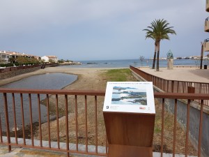 Porta d’entrada al Cap de Creus amb panell informatiu, palmera i edificis costaners al fons