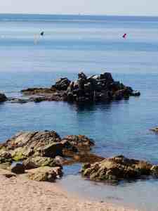 Vista costanera de Lloret de Mar amb roques, mar blau i ocells en vol