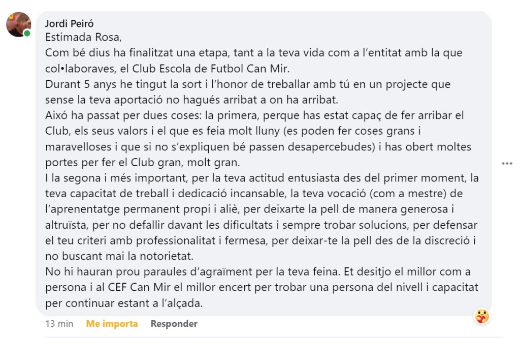 Durant cinc anys he estat col.laborant al CEF Can Mir com a Responsable de Comunicació. Amb el canvi de la Directiva les meves responsabilitats amb el Club han finalitzat. Comentari Jordi Peiró