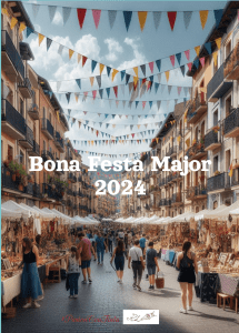 Escena de carrer amb mercat, gent caminant i banderoles de colors