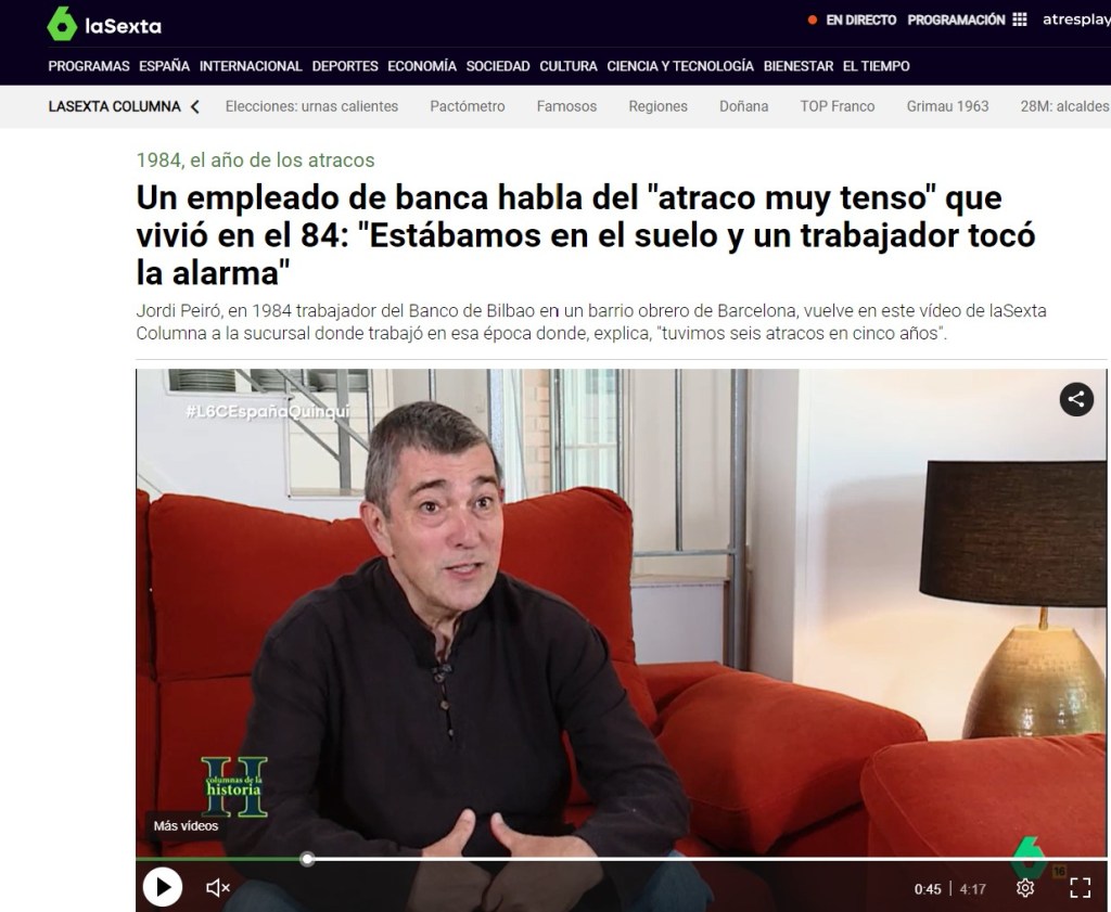 a La Sexta: Jordi Peiró
Un empleado de banca habla del "atraco muy tenso" que vivió en el 84: "Estábamos en el suelo y un trabajador tocó la alarma"