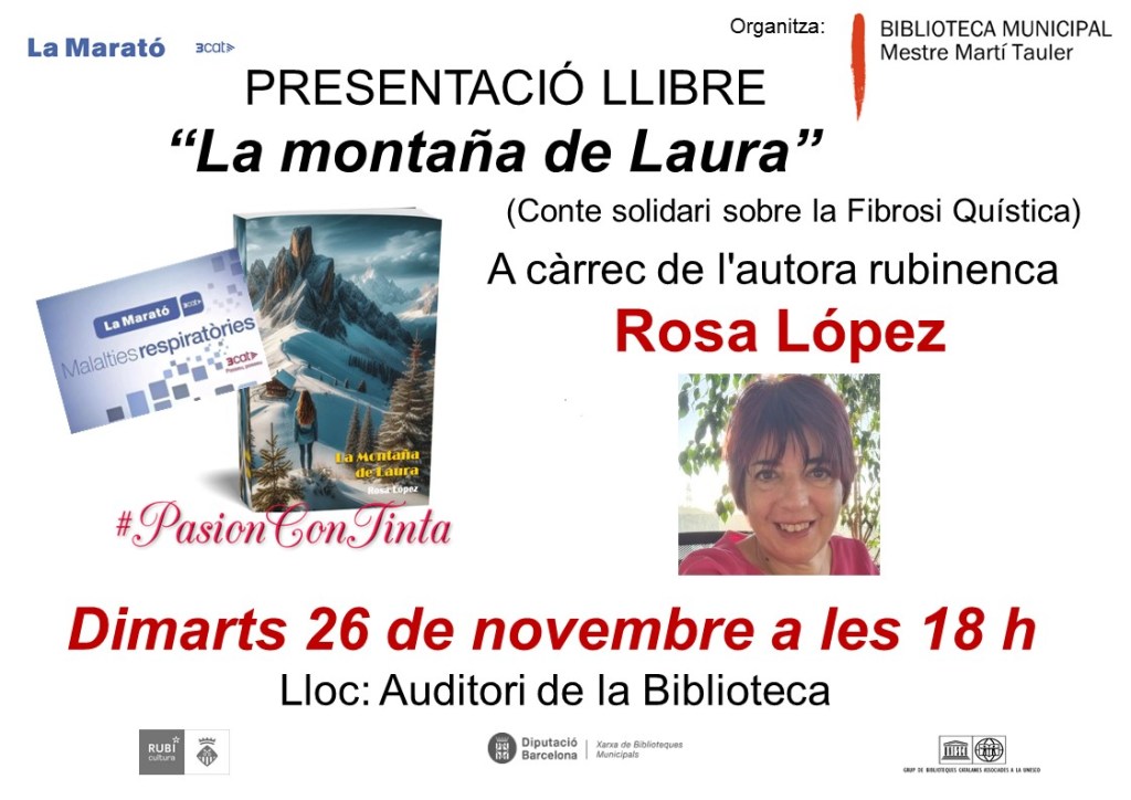 Cartell presentació llibre la Montaña de Laura Biblioteca Municipal Mestre Martí Tauler #LaMarato #FQ #PasionConTinta