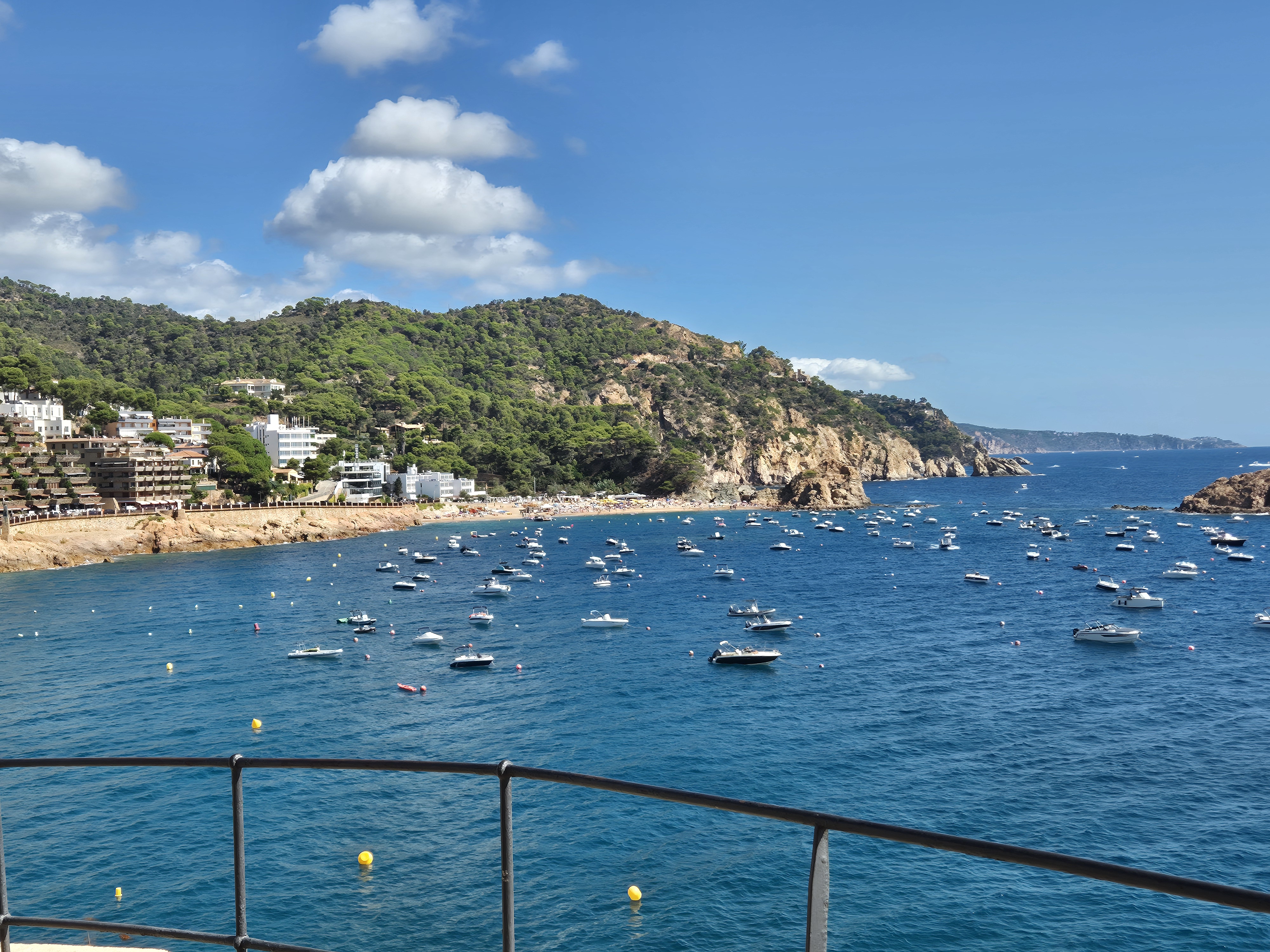 Vista elevada d’una badia amb barques fondejades, penya-segats i vegetació mediterrània