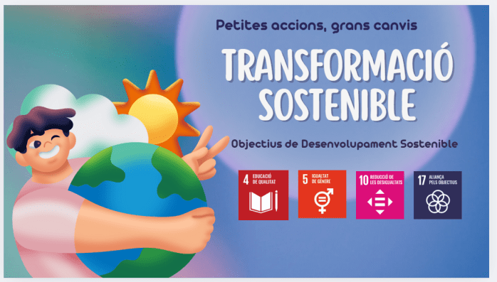 Il·lustració amb persona sostenint el planeta i icones dels ODS