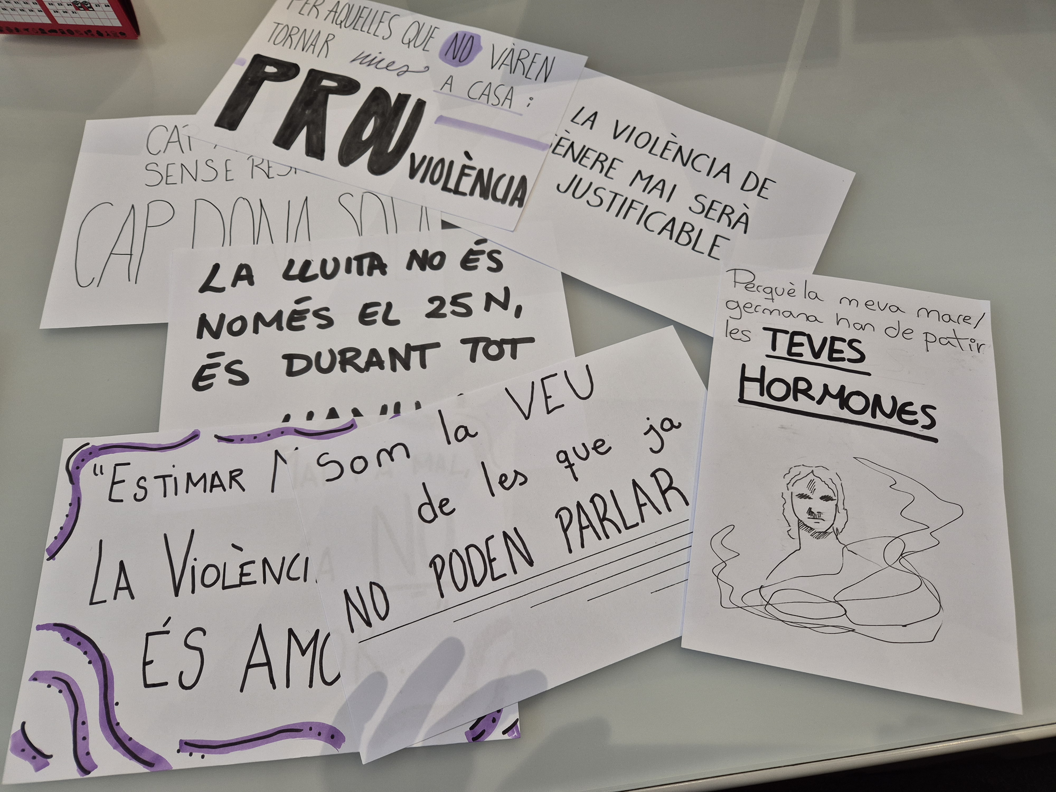 Cartells il·lustrats i manuscrits amb missatges feministes en català