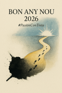 Il·lustració simbòlica amb camí de tinta negra que es transforma en sender il·luminat cap a un sol naixent. Petjades humanes avancen des d’una taca fosca cap a l’horitzó. Text central: “Bon Any Nou 2026 #PasiónConTinta”. Estil poètic i minimalista, ambientat en paper texturat.