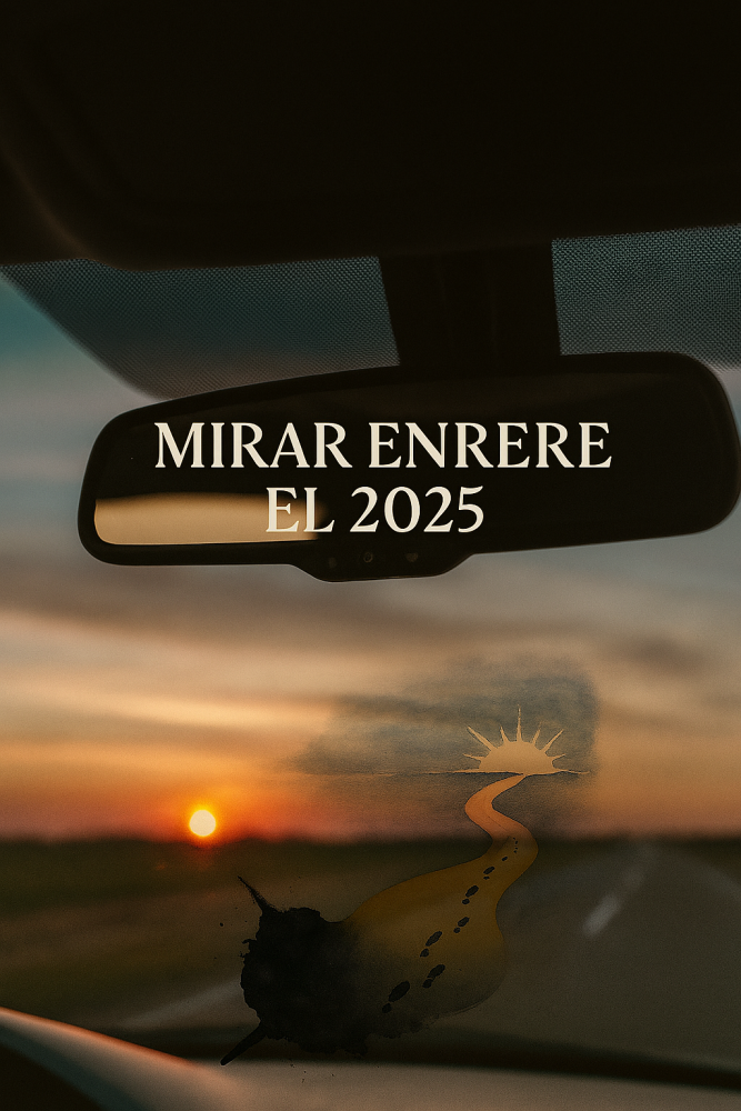 Retrovisor d’un cotxe en una carretera catalana al capvespre, amb un arbre solitari i el sol ponent al fons. El text “Mirar enrere el 2025” apareix sobre el mirall. Imatge simbòlica de reflexió i tancament d’etapa.