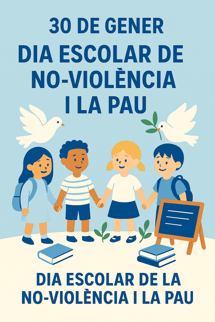 Cartell commemoratiu del Dia Escolar de la No-violència i la Pau (DENIP), celebrat el 30 de gener de 2026, amb una il·lustració d’infants agafats de la mà envoltats de llibres, una pissarra i coloms blancs. El disseny simbolitza la convivència, la cultura de pau i el compromís educatiu amb l’antiracisme. Creació gràfica de Rosa López per a la comunitat educativa de Rubí.