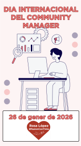 Cartell del Dia Internacional del Community Manager 2026 amb il·lustració d’una persona treballant entre icones digitals, estil rosa-vermell, nom Rosa .