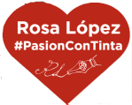 Logotip en forma de cor vermell amb el nom Rosa López i el lema #PasionConTinta, símbol de creativitat i escriptura emocional