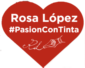 Logotip en forma de cor vermell amb el nom Rosa López i el lema #PasionConTinta, símbol de creativitat i escriptura emocional