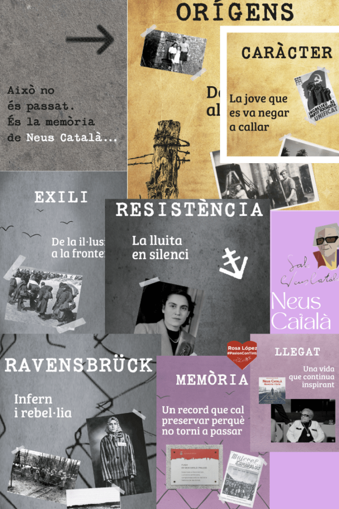 Collage visual sobre Neus Català amb paraules clau de la seva vida: orígens, exili, resistència, Ravensbrück, memòria i llegat