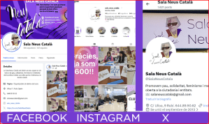 Collage de perfils i publicacions de Sala Neus Català a Facebook, Instagram i X el 2026, amb logo, missatge institucional i imatges d’activitats comunitàries.