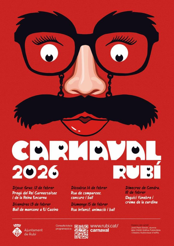 Cartell oficial del Carnaval 2026 de Rubí, creat per Jordi Peiró, alumne del cicle superior de Disseny Gràfic Publicitari i Audiovisual de l’Escola d’Art i Disseny edRa, seleccionat mitjançant un concurs intern.