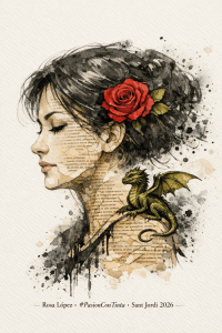 Retrat simbòlic de l’escriptora

Una figura femenina de perfil feta de tinta i fragments de pàgines, amb un drac diminut damunt l’espatlla i una rosa que li cau com un pensament. Rosa López #PasionConTinta Sant Jordi 2026