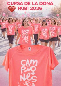 Dones corrent i caminant amb la samarreta coral “Campiones” durant la Cursa de la Dona Rubí 2026