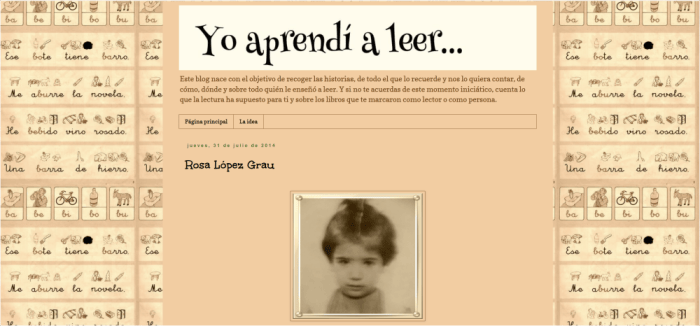 Captura del blog "Yo aprendí a leer" amb una fotografia infantil en blanc i negre de Rosa López i un fons inspirat en els antics quaderns d'aprenentatge de lectura i escriptura.
